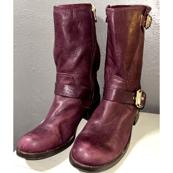 Vince Camuto Windy Women's Leather Moto Boot Harness Detail MidCalf 8M Burgundy - Picture 2 of 8